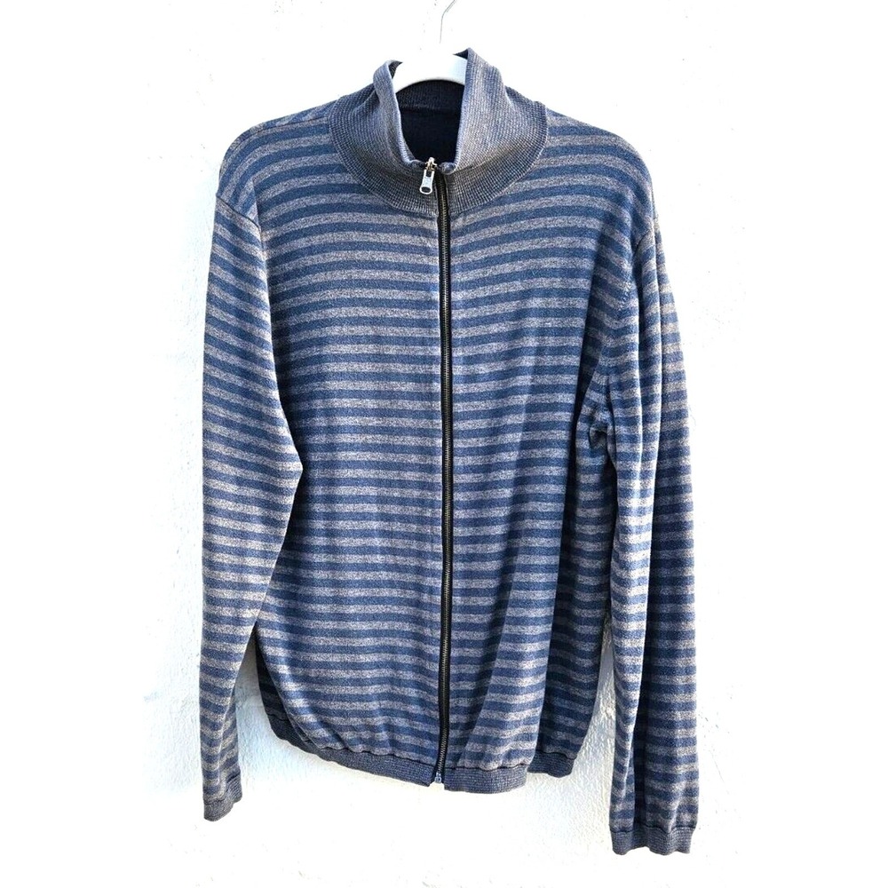 Mens Cardigan Large Gray Blue Striped Reversible Full Zip Soft‎ Stretch Sporty